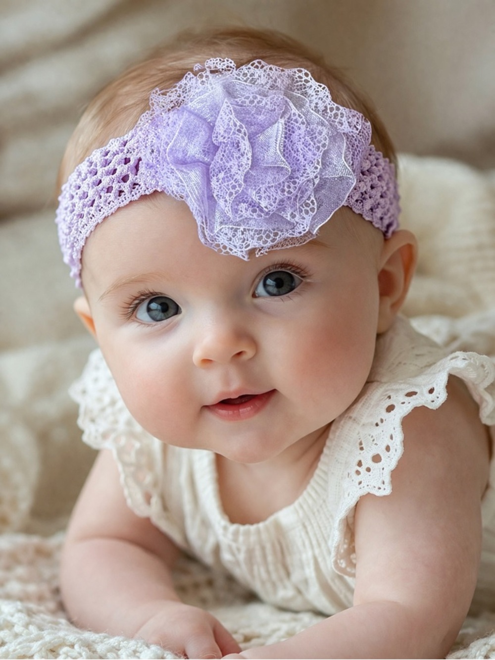 NWT Baby Girl's Fashion Lace Flower Headband Soft Elastic Headband (Lavender)